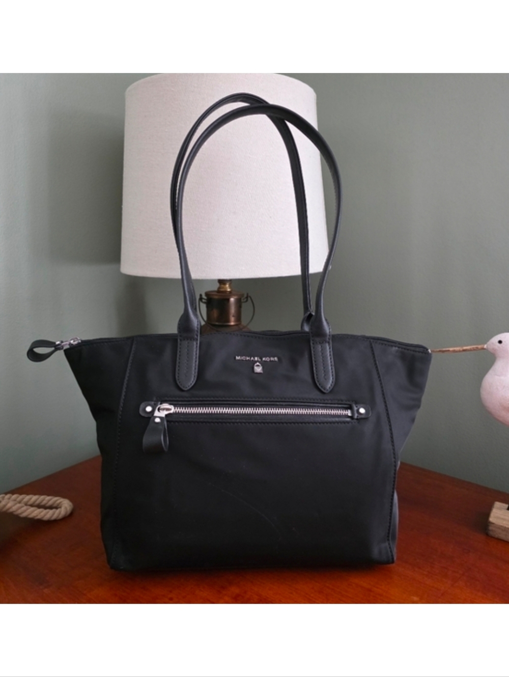 Michael Kors Kelsey Medium Black Nylon Leather Tote Bag